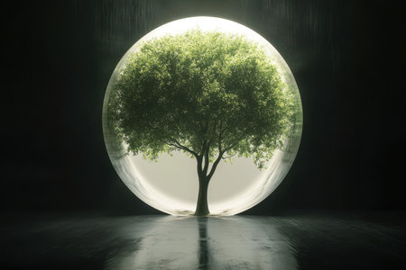 A green tree stands gracefully in a circle, set against a dark background, creating a tranquil atmosphere.の写真素材