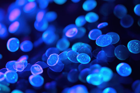 The underwater world showcases bioluminescent jellyfish illuminating the dark surroundings with a blue glow.の写真素材