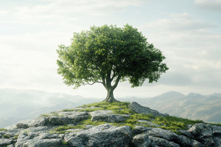 A solitary tree rises from a rocky hill, with soft light illuminating the misty mountain landscape in the background.の写真素材