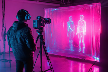 A photographer focuses on two holographic figures displayed in a studio setting, illuminated with neon colors.の写真素材