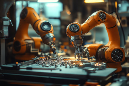 Advanced robotic arms work meticulously on intricate components in a high-tech factory setup.の写真素材