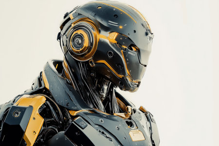 High-tech robotic figure displays a polished exterior with distinctive yellow accents and smooth contours.の写真素材