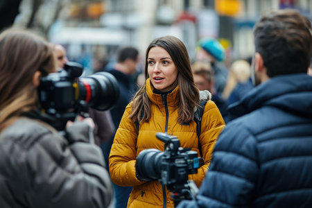 A woman wearing a yellow jacket speaks candidly during an interview in a bustling city environment.の写真素材