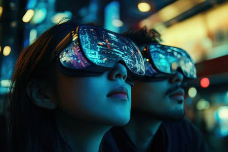 Two individuals immerse themselves in a virtual reality experience surrounded by vibrant city lights.の写真素材