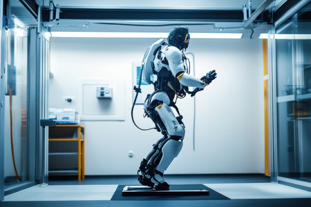 A humanoid robot is engaged in athletic movements within a futuristic laboratory setting.の写真素材