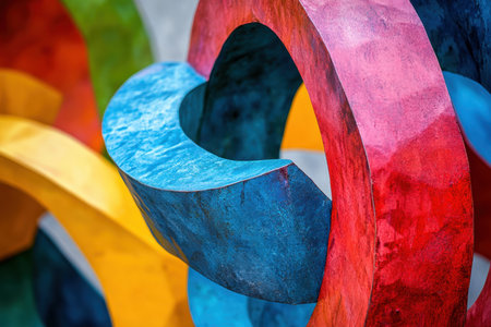Colorful sculpture made of intertwined shapes creating an engaging art display in a lively urban setting.の写真素材