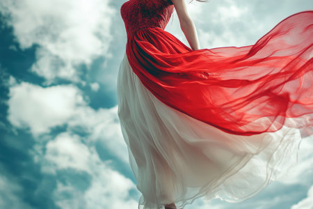 A woman twirls in a stunning red and white dress, showcasing elegance against a vibrant sky.の写真素材