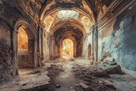 Dust and debris cover the floor of a decaying structure with light streaming through a broken ceiling.の写真素材