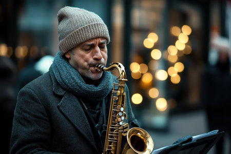 A talented musician plays the saxophone on a lively street adorned with glowing lights during the evening.の写真素材