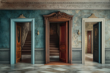 Three distinct doorways open to staircases in a beautifully aged room with intricate details.の写真素材