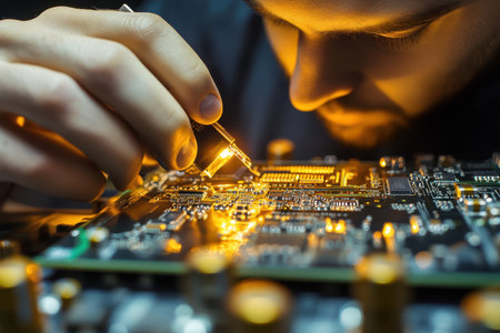 An expert technician closely examines a circuit board using precision tools in a workshop filled with soft lighting.の写真素材