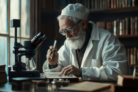 A researcher focuses intently on a sample using a microscope surrounded by books and lab equipment.の写真素材