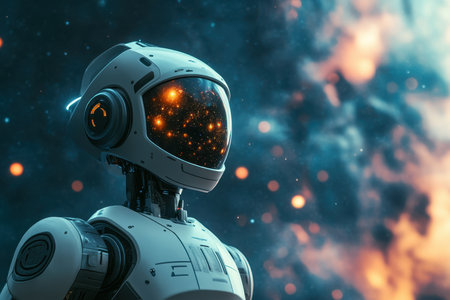 A robot in a vibrant cosmic scene has a helmet reflecting swirling galaxies, creating a mesmerizing sight.の写真素材
