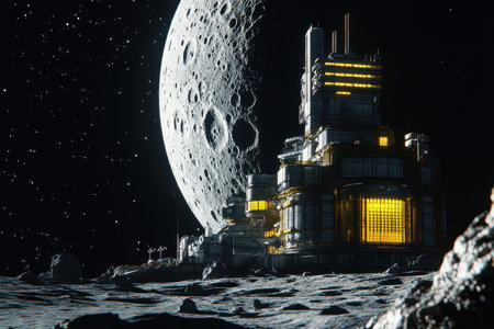A futuristic moon base glows warmly against the dark backdrop of space and a large, detailed moon.の写真素材