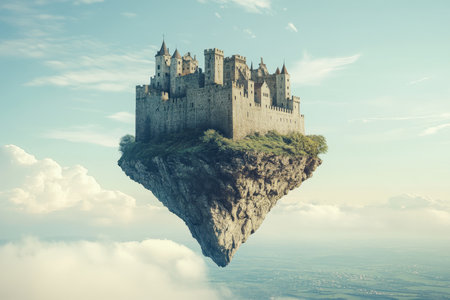 A majestic castle hovers mysteriously over a serene landscape, surrounded by soft clouds and distant fields.の写真素材