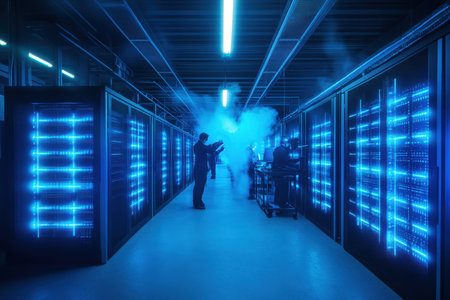 Engineers perform maintenance tasks in a high-tech data center surrounded by illuminated server racks.の写真素材