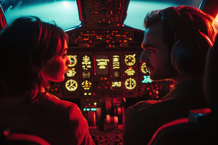 Two young pilots share a moment in the cockpit, illuminated by colorful lights during a night flight.の写真素材
