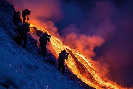 A group of photographers stand at the edge of a volcano, capturing stunning lava flows under a night sky.の写真素材