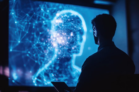 A person engages with artificial intelligence concepts in a dimly lit office, immersed in digital visuals.の写真素材