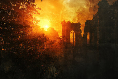 Golden sunlight filters through ancient ruins, creating a striking contrast against the dusky sky.の写真素材