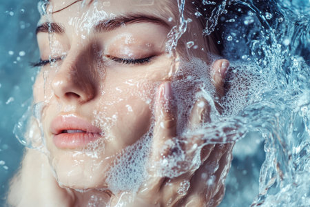 A woman relaxes in water, her face surrounded by bubbles, showing calmness and tranquility.の写真素材