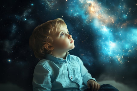A young child sits quietly, gazing upward with fascination at a beautiful galaxy filled with stars and colors.の写真素材