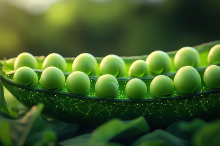 Lush green peas are arranged in a pod, highlighting their natural beauty among rich green leaves during golden hour.の写真素材