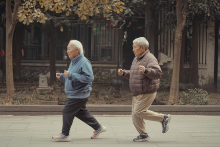 Two senior men jog side by side along a tree-lined path, engaging in healthy exercise outdoors.の写真素材
