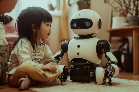 A curious child sits on a soft rug facing a friendly robot, engaging in playful interaction at home.の写真素材
