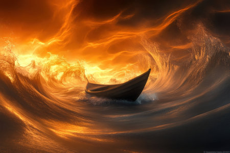 A small wooden boat battles fierce waves during a striking sunset, illuminating the ocean with vibrant colors.の写真素材