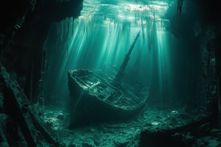 A sunken ship lies in the depths, surrounded by water and illuminated by sunlight filtering down.の写真素材
