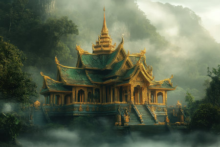A beautiful golden temple stands gracefully amid misty mountains under soft morning light.の写真素材