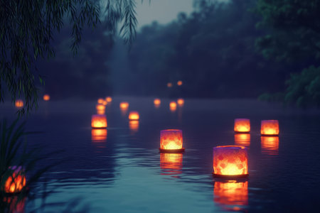 Lanterns gently float on the water, casting a warm glow in the calm evening atmosphere by the river.の写真素材