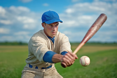 Player gets ready to swing as a baseball approaches, set in a vibrant green field under a clear sky.の写真素材
