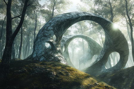 Stone structures emerge from the misty forest, creating a mystical atmosphere in the morning light.の写真素材