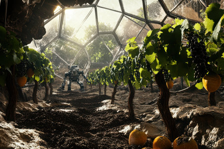 Robots assist in cultivating grapes and citrus fruits inside a high-tech greenhouse environment.の写真素材