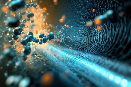 Vibrant molecular formations collide and interact, showing dynamic motion in a digital landscape.の写真素材