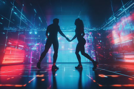 Two dancers hold hands and move gracefully in a high-tech environment filled with vibrant lights.の写真素材