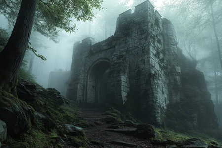 Ancient stone ruins loom amidst dense fog, creating an eerie atmosphere in the tranquil forest.の写真素材