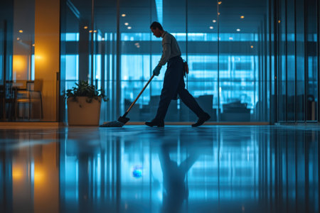A worker mops the gleaming floor in a brightly lit office space during the evening hours.の写真素材