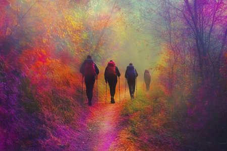 Group of hikers traversing a vibrant trail filled with colorful autumn leaves and soft morning fog.の写真素材