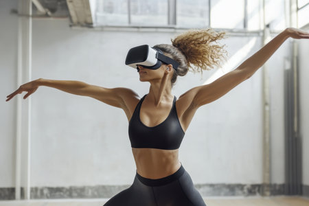 A dancer wearing a virtual reality headset expresses fluid movements while engaged in a captivating performance indoors.の写真素材