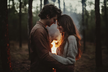 A couple stands close together, sharing a tender moment by a warm fire in a serene forest setting at twilight.の写真素材