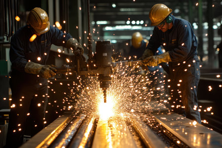 Two factory workers use machinery to cut metal sheets, generating bright sparks in a dimly lit workspace.の写真素材