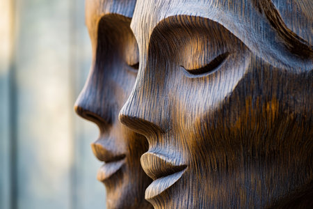 Two beautifully carved wooden faces exhibit a tranquil expression, highlighting artistry and craftsmanship.の写真素材