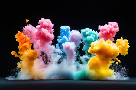 Vibrant clouds of colored smoke burst into the air, mixing in an expressive and dynamic manner against a black backdrop.の写真素材
