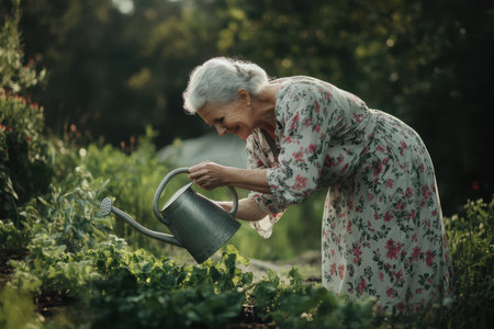 A joyful elderly woman waters her vibrant garden filled with green plants in the warm glow of late afternoon.の写真素材
