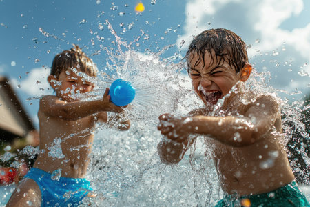 Two boys splash water joyfully while playing together at a pool under a clear blue sky.の写真素材