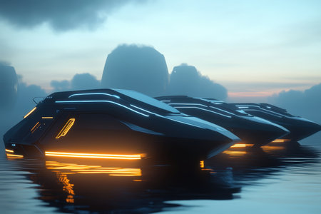 Sleek, modern boats with glowing edges float calmly on water as dusk settles over a rocky horizon.の写真素材