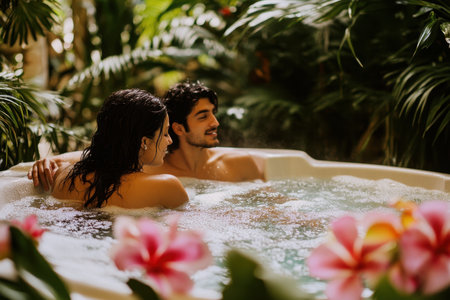 A couple relaxes in a hot tub amidst vibrant tropical foliage and beautiful flowers, enjoying their time together.の写真素材